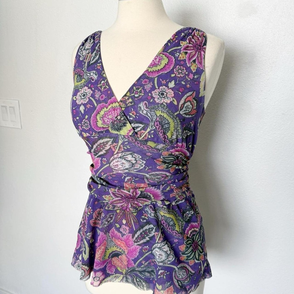 Sweet Pea by Stacy Frati Y2K Mesh Paisley Floral Faux Wrap Peplum Tank Top M